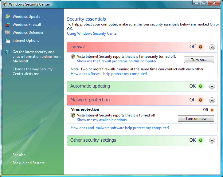 Vista Internet Security summary